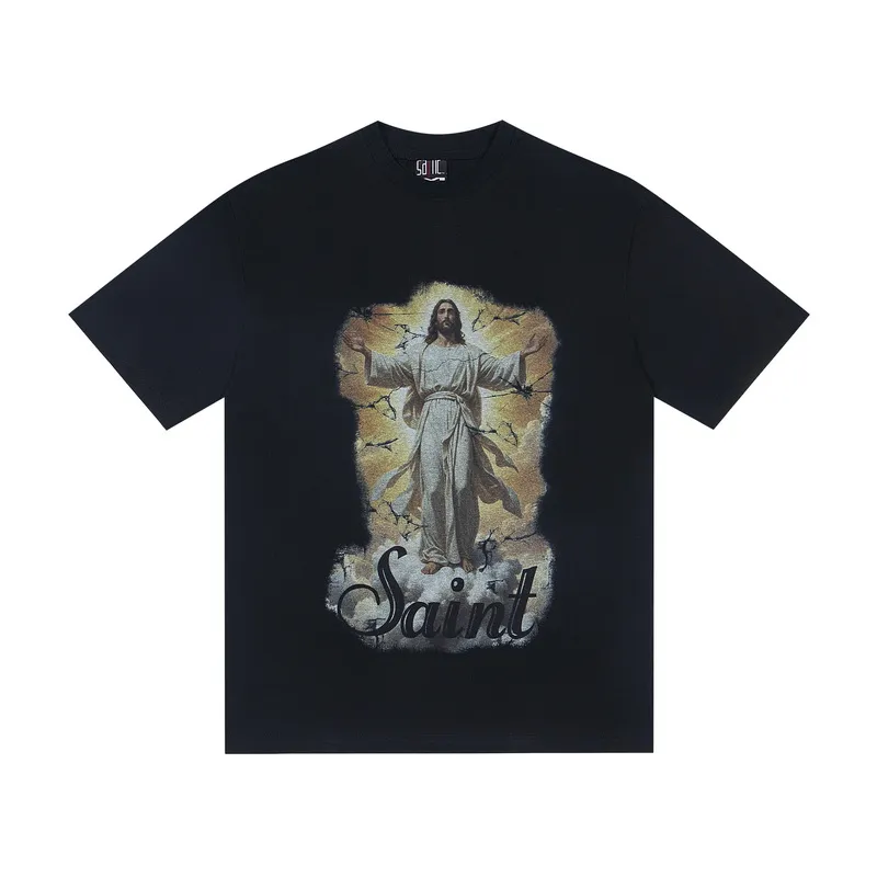 100💰S09#美Chao SAINT white ink direct-injection pure cotton 260g loose short-sleeved T-shirt 15 black, white S-XL